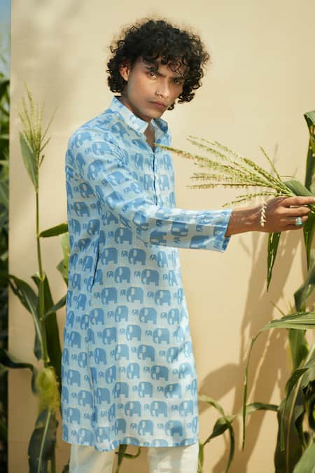 Shop Eleven Brothers Blue Silk, Cotton Elephant Motif Printed Kurta And Pant Set at Aza Fashions Shop_Eleven Brothers_Blue Silk, Cotton Elephant Motif Printed Kurta And Pant Set _at_Aza_Fashions