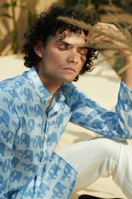 Eleven Brothers Blue Silk, Cotton Elephant Motif Printed Kurta And Pant Set Online at Aza Fashions Eleven Brothers_Blue Silk, Cotton Elephant Motif Printed Kurta And Pant Set _Online_at_Aza_Fashions