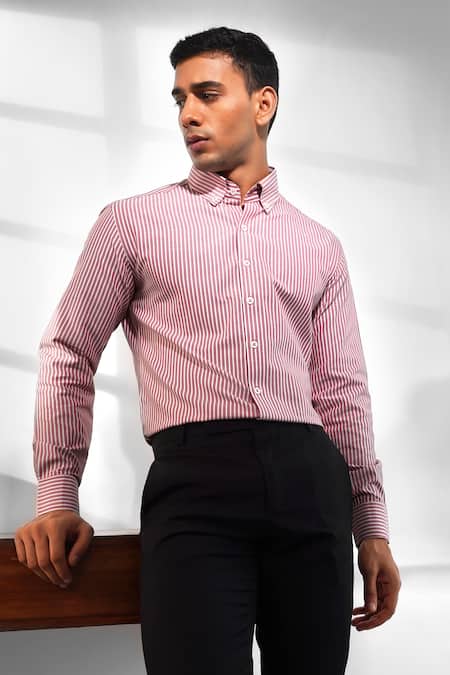 Shop_Eleven Brothers_Red Cotton Striped Collar Shirt _at_Aza_Fashions