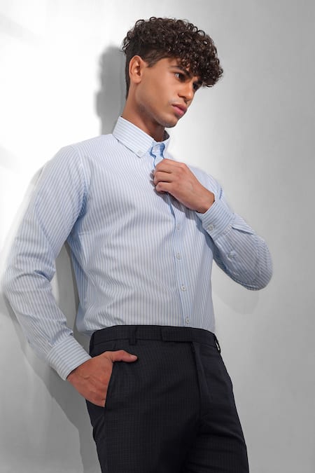 Shop Eleven Brothers Blue Cotton Striped Shirt at Aza Fashions Shop_Eleven Brothers_Blue Cotton Striped Shirt_at_Aza_Fashions