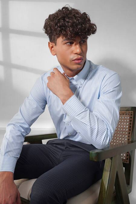 Eleven Brothers Blue Cotton Striped Shirt Online at Aza Fashions Eleven Brothers_Blue Cotton Striped Shirt_Online_at_Aza_Fashions