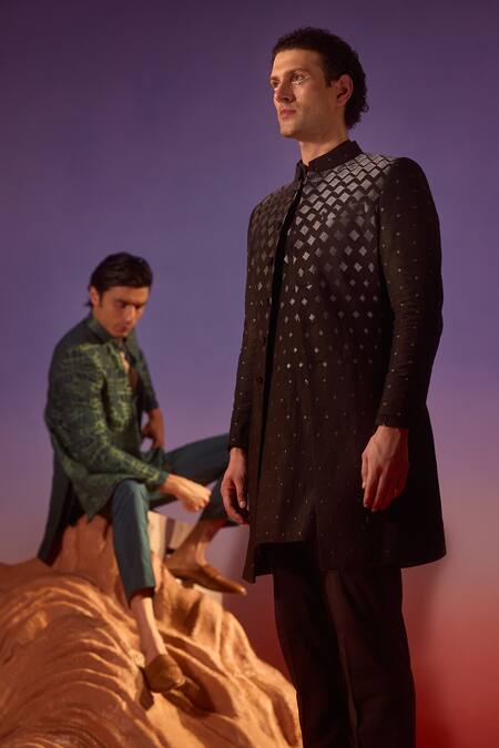 Eleven Brothers Green Cotton, Silk Embroidery Turquoise Abstract Sherwani Set Online at Aza Fashions Eleven Brothers_Green Cotton, Silk Embroidery Turquoise Abstract Sherwani Set _Online_at_Aza_Fashions