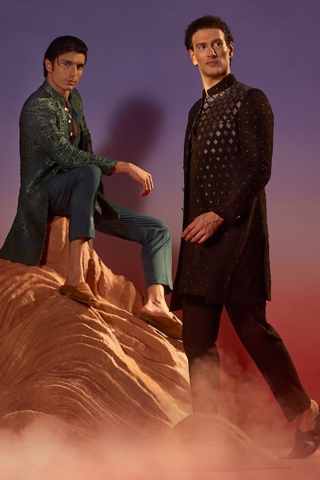 Buy Eleven Brothers Green Cotton, Silk Embroidery Turquoise Abstract Sherwani Set Online at Aza Fashions Buy_Eleven Brothers_Green Cotton, Silk Embroidery Turquoise Abstract Sherwani Set _Online_at_Aza_Fashions