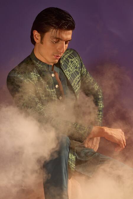 Eleven Brothers Green Cotton, Silk Embroidery Turquoise Abstract Sherwani Set at Aza Fashions Eleven Brothers_Green Cotton, Silk Embroidery Turquoise Abstract Sherwani Set _at_Aza_Fashions