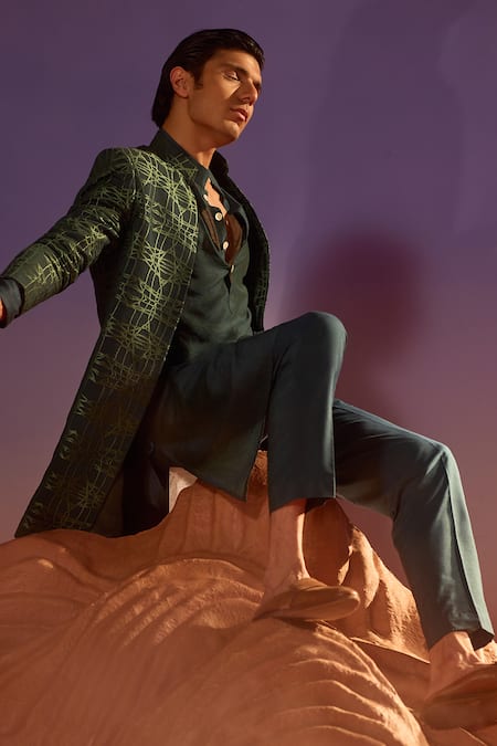 Eleven Brothers Turquoise Green Abstract Embroidered Sherwani Set 