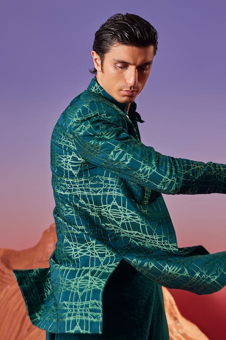 Buy Eleven Brothers Green Cotton, Silk Embroidery Turquoise Abstract Sherwani Set Buy_Eleven Brothers_Green Cotton, Silk Embroidery Turquoise Abstract Sherwani Set