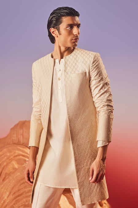 Eleven Brothers Beige Jaal Embroidered Sherwani Jacket Set