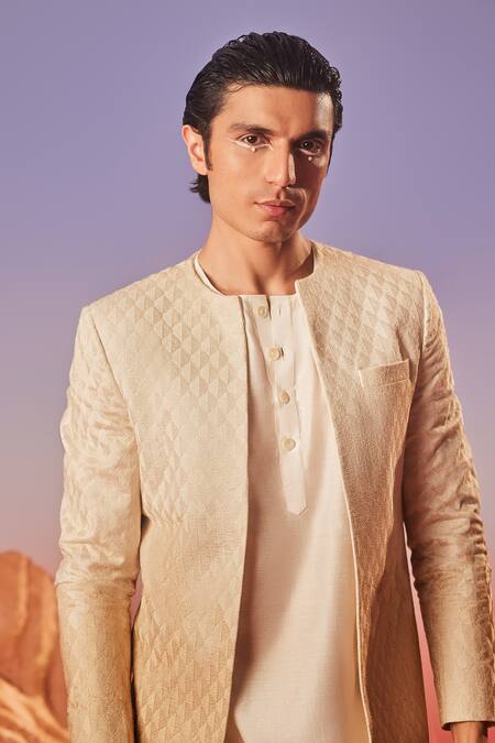Eleven Brothers_Beige Cotton, Silk Embroidery Jaal Sherwani Jacket Set _Online_at_Aza_Fashions