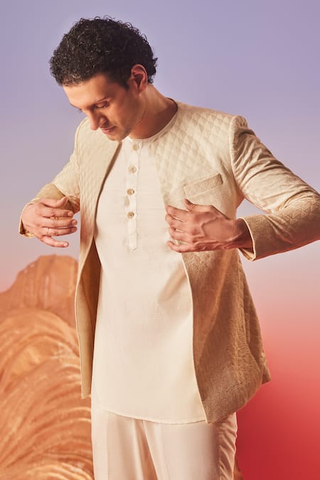 Shop Eleven Brothers Beige Cotton, Silk Embroidery Jaal Bandhgala Set at Aza Fashions Shop_Eleven Brothers_Beige Cotton, Silk Embroidery Jaal Bandhgala Set _at_Aza_Fashions