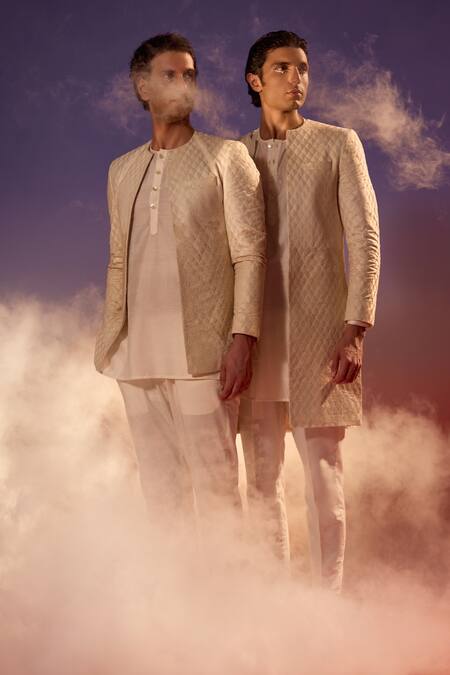 Eleven Brothers Beige Cotton, Silk Embroidery Jaal Bandhgala Set Online at Aza Fashions Eleven Brothers_Beige Cotton, Silk Embroidery Jaal Bandhgala Set _Online_at_Aza_Fashions