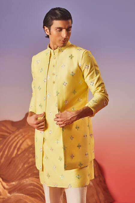 Eleven Brothers Yellow Chanderi, Cotton, Silk Mirrors Bloom Embroidered Kurta Set Online at Aza Fashions Eleven Brothers_Yellow Chanderi, Cotton, Silk Mirrors Bloom Embroidered Kurta Set _Online_at_Aza_Fashions
