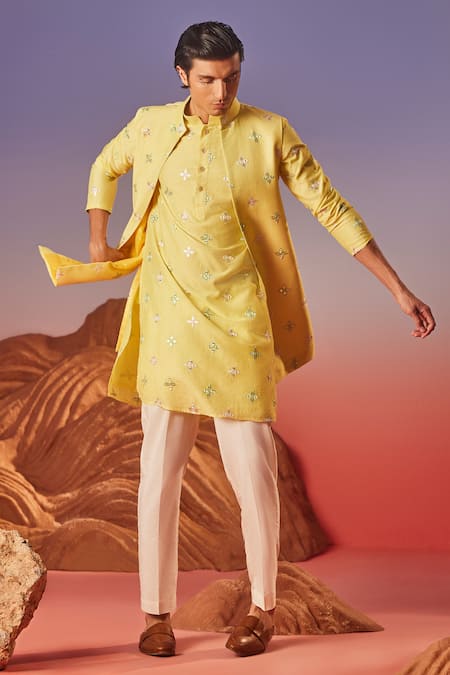 Shop Eleven Brothers Yellow Chanderi, Cotton, Silk Mirrors Bloom Embroidered Kurta Set at Aza Fashions Shop_Eleven Brothers_Yellow Chanderi, Cotton, Silk Mirrors Bloom Embroidered Kurta Set _at_Aza_Fashions
