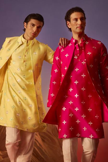 Buy Eleven Brothers Pink Cotton, Silk Mirrors Embroidered Long Bundi Kurta Set Online at Aza Fashions Buy_Eleven Brothers_Pink Cotton, Silk Mirrors Embroidered Long Bundi Kurta Set _Online_at_Aza_Fashions