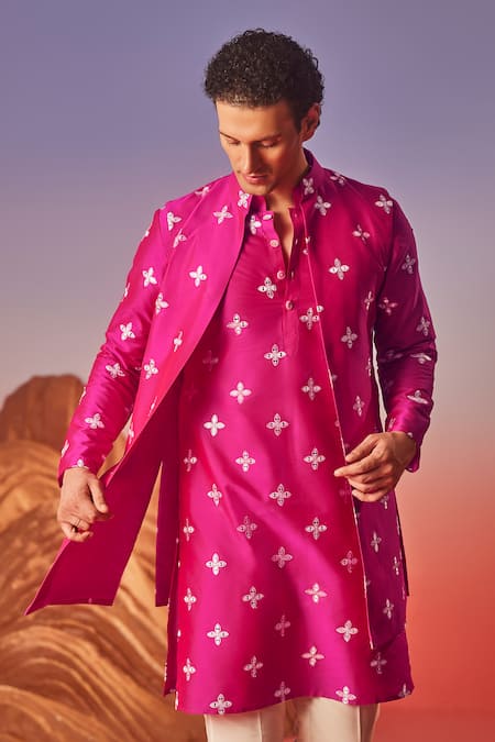 Eleven Brothers Pink Cotton, Silk Mirrors Embroidered Long Bundi Kurta Set Online at Aza Fashions Eleven Brothers_Pink Cotton, Silk Mirrors Embroidered Long Bundi Kurta Set _Online_at_Aza_Fashions