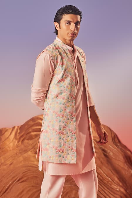 Eleven Brothers Pink Cotton, Silk Embroidery Scallop Bloom Bundi Kurta Set Online at Aza Fashions Eleven Brothers_Pink Cotton, Silk Embroidery Scallop Bloom Bundi Kurta Set _Online_at_Aza_Fashions