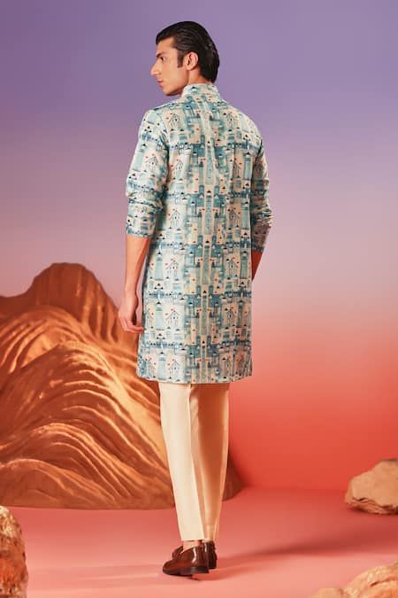 Eleven Brothers Blue Chanderi Silk House By The Sea Print Kurta Online at Aza Fashions Eleven Brothers_Blue Chanderi Silk House By The Sea Print Kurta _Online_at_Aza_Fashions