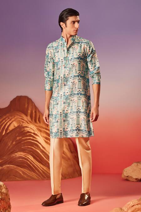 Buy Eleven Brothers Blue Chanderi Silk House By The Sea Print Kurta Online at Aza Fashions Buy_Eleven Brothers_Blue Chanderi Silk House By The Sea Print Kurta _Online_at_Aza_Fashions