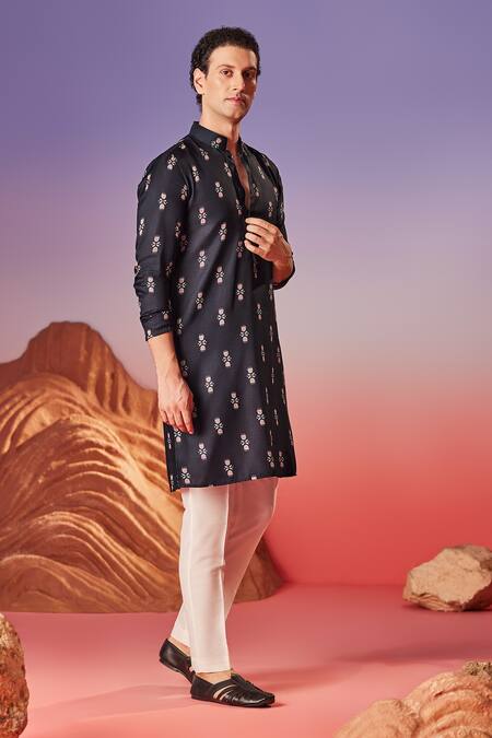 Eleven Brothers Black Chiffon Midnight Blossom Motif Kurta Online at Aza Fashions Eleven Brothers_Black Chiffon Midnight Blossom Motif Kurta _Online_at_Aza_Fashions