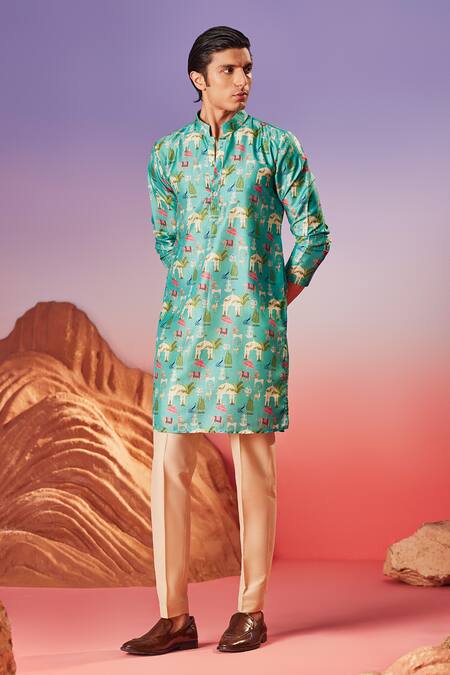 Eleven Brothers_Green Chanderi Silk Noor Mahal Print Kurta _Online_at_Aza_Fashions