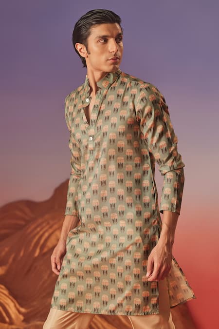 Eleven Brothers_Green Silk Embroidery Bloom Motif Print Kurta _Online_at_Aza_Fashions