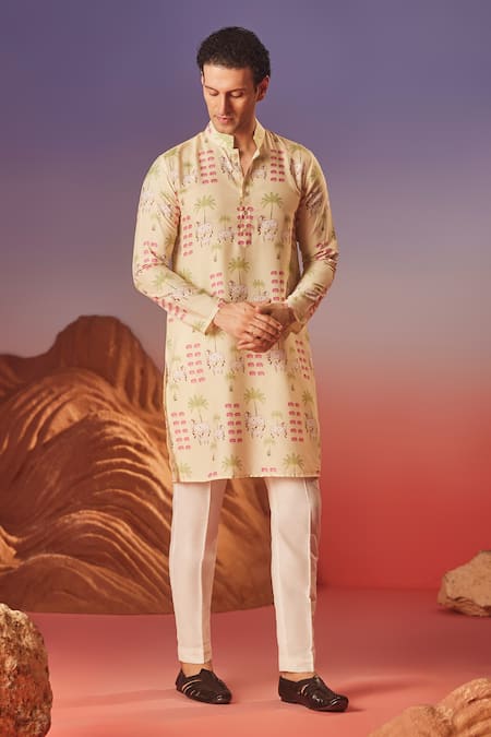 Buy_Eleven Brothers_Yellow Chiffon Pichwai Tale Print Kurta _Online_at_Aza_Fashions