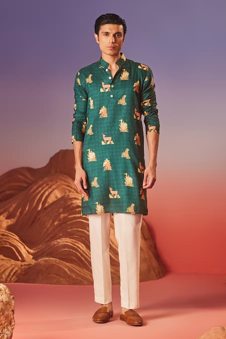 Buy_Eleven Brothers_Green Silk Tropical Tail Print Kurta _Online_at_Aza_Fashions