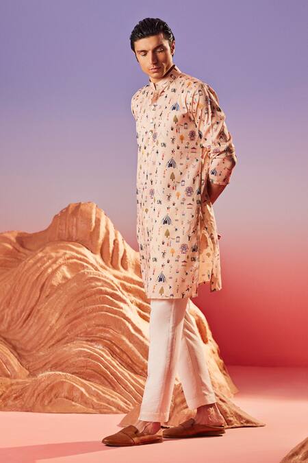 Eleven Brothers Pink Chanderi Silk Circus Flair Print Kurta Online at Aza Fashions Eleven Brothers_Pink Chanderi Silk Circus Flair Print Kurta _Online_at_Aza_Fashions