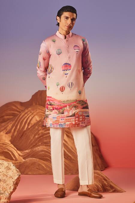 Eleven Brothers_Pink Silk Embroidery Skyline Serenity Print Kurta _Online_at_Aza_Fashions