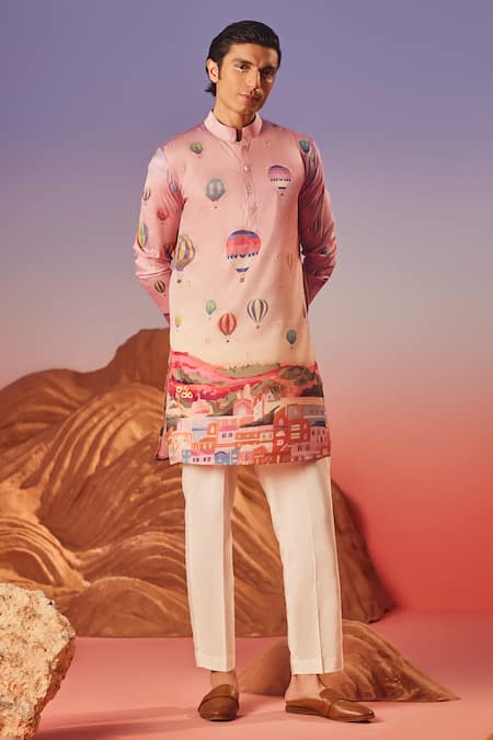 Buy_Eleven Brothers_Pink Silk Embroidery Skyline Serenity Print Kurta _Online_at_Aza_Fashions