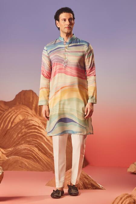 Buy_Eleven Brothers_Multi Color Chiffon Wave Print Kurta _Online_at_Aza_Fashions