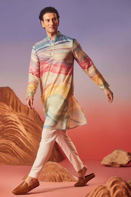 Shop_Eleven Brothers_Multi Color Chiffon Wave Print Kurta _Online_at_Aza_Fashions