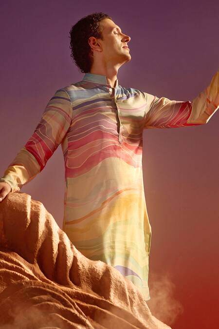 Eleven Brothers_Multi Color Chiffon Wave Print Kurta _at_Aza_Fashions