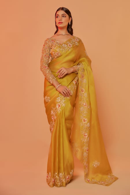Juhi Shekhawat_Yellow Silk Organza Cut Work, Zari, Sequins V-neck Floral Embroidered Saree Set _Online_at_Aza_Fashions