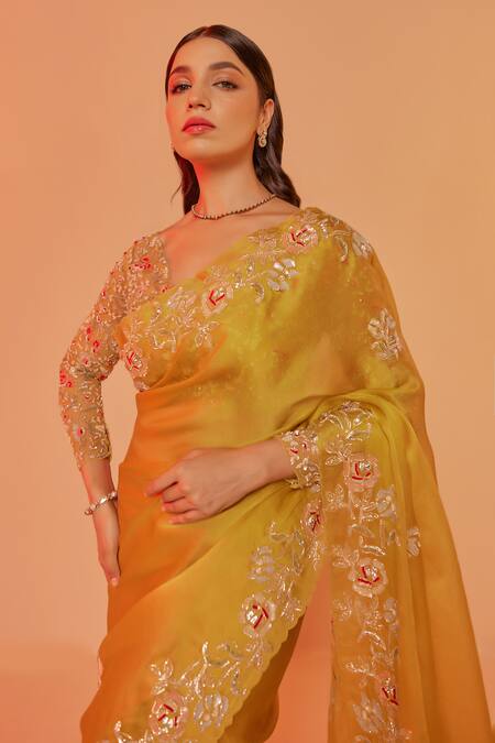 Buy_Juhi Shekhawat_Yellow Silk Organza Cut Work, Zari, Sequins V-neck Floral Embroidered Saree Set _Online_at_Aza_Fashions