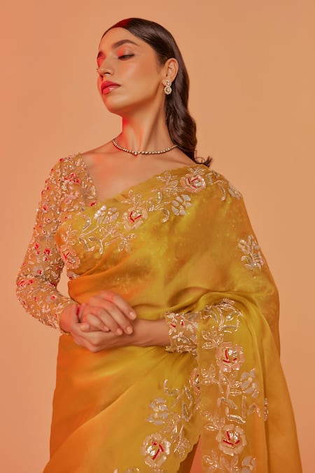 Shop_Juhi Shekhawat_Yellow Silk Organza Cut Work, Zari, Sequins V-neck Floral Embroidered Saree Set _Online_at_Aza_Fashions