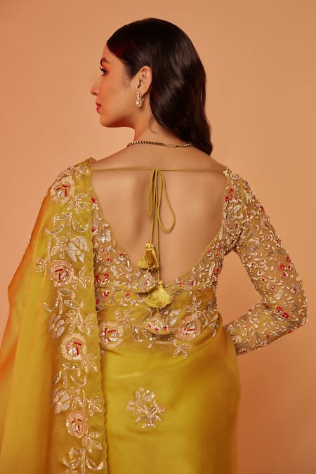Juhi Shekhawat Floral Embroidered Yellow Saree Set 