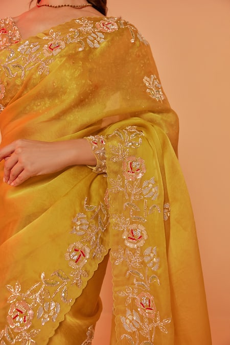 Juhi Shekhawat_Yellow Silk Organza Cut Work, Zari, Sequins V-neck Floral Embroidered Saree Set _at_Aza_Fashions