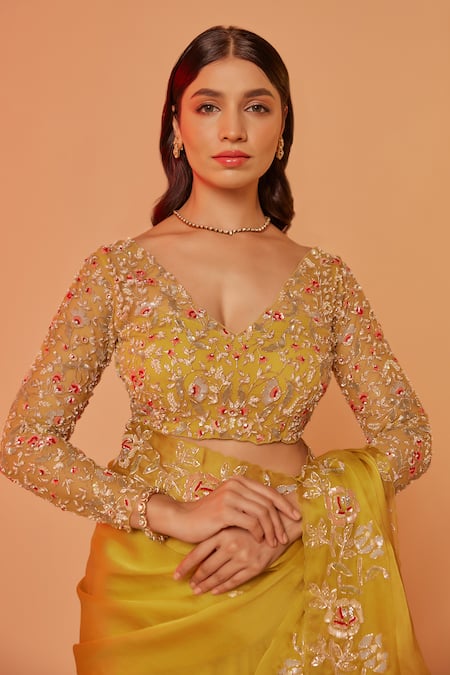 Buy_Juhi Shekhawat_Yellow Silk Organza Cut Work, Zari, Sequins V-neck Floral Embroidered Saree Set 