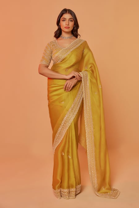 Juhi Shekhawat_Yellow Silk Organza Cut Work Asymmetric Hand Embroidered Saree Set _Online_at_Aza_Fashions