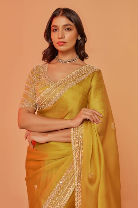 Buy_Juhi Shekhawat_Yellow Silk Organza Cut Work Asymmetric Hand Embroidered Saree Set _Online_at_Aza_Fashions