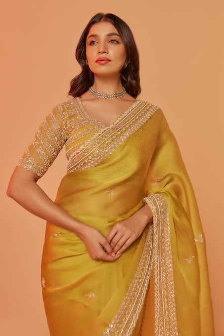 Shop_Juhi Shekhawat_Yellow Silk Organza Cut Work Asymmetric Hand Embroidered Saree Set _Online_at_Aza_Fashions