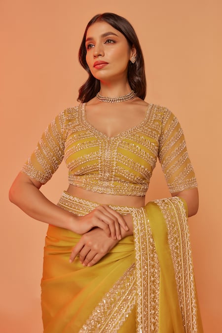 Juhi Shekhawat_Yellow Silk Organza Cut Work Asymmetric Hand Embroidered Saree Set _at_Aza_Fashions