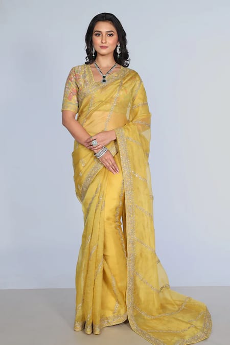Juhi Shekhawat_Yellow Silk Organza Sequins, Cut Work V-neck Floral Hand Embroidered Saree Set _Online_at_Aza_Fashions