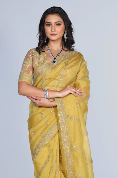 Buy_Juhi Shekhawat_Yellow Silk Organza Sequins, Cut Work V-neck Floral Hand Embroidered Saree Set _Online_at_Aza_Fashions