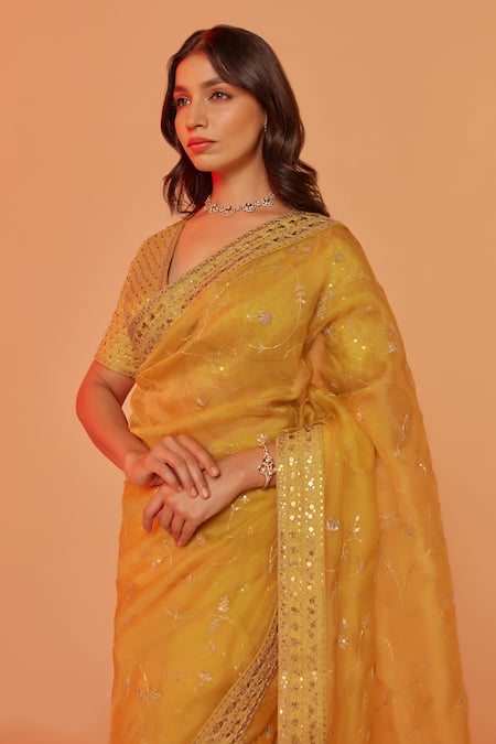 Buy_Juhi Shekhawat_Yellow Silk Organza Sequins, Zari V-neck Floral Vine Embroidered Saree Set _Online_at_Aza_Fashions