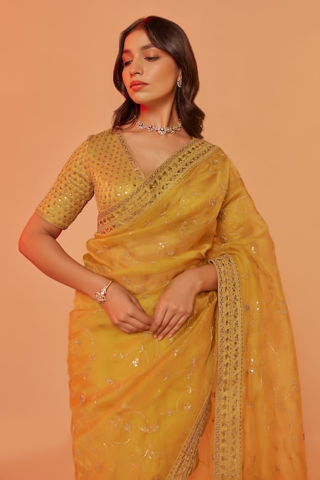 Shop_Juhi Shekhawat_Yellow Silk Organza Sequins, Zari V-neck Floral Vine Embroidered Saree Set _Online_at_Aza_Fashions