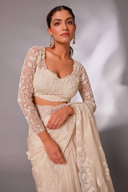 Juhi Shekhawat_Off White Silk Organza Sequins, Beads Round Neck Floral Embroidered Saree Set _Online_at_Aza_Fashions