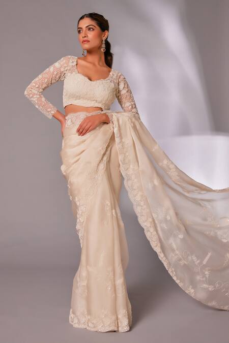 Shop_Juhi Shekhawat_Off White Silk Organza Sequins, Beads Round Neck Floral Embroidered Saree Set _Online_at_Aza_Fashions