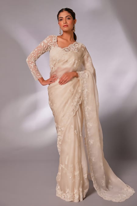 Juhi Shekhawat_Off White Silk Organza Sequins, Beads Round Neck Floral Embroidered Saree Set _at_Aza_Fashions