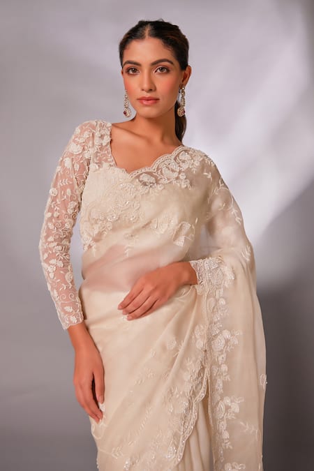 Buy_Juhi Shekhawat_Off White Silk Organza Sequins, Beads Round Neck Floral Embroidered Saree Set 